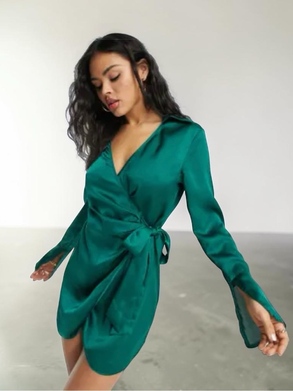 Public Desire Satin Wrap Mini Dress in Emerald Green